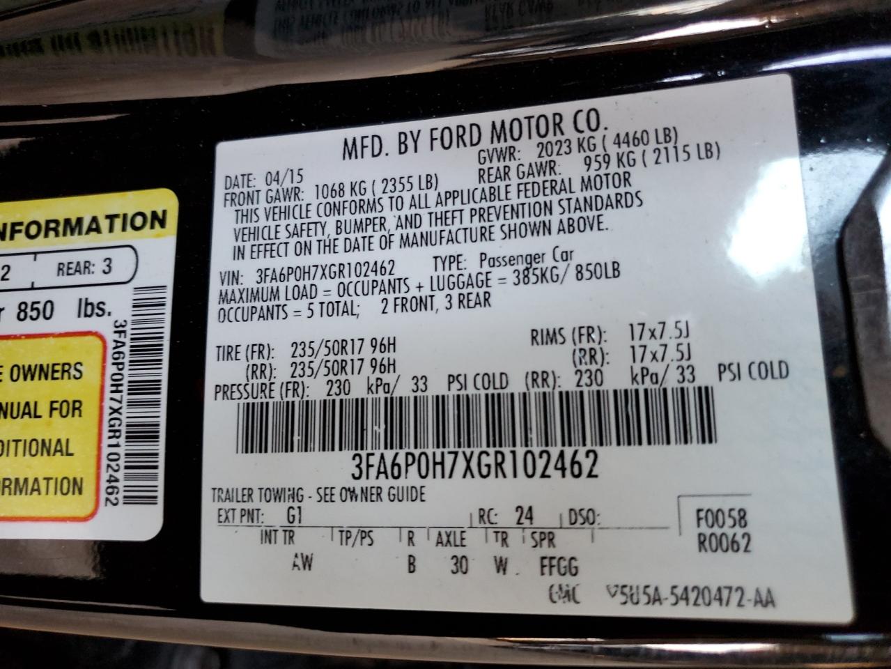 3FA6P0H7XGR102462 FORD FUSION 2016