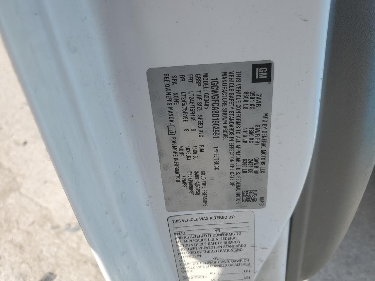 2013 Chevrolet Express G2500 VIN: 1GCWGFCA8D1902991 Lot: 62465615