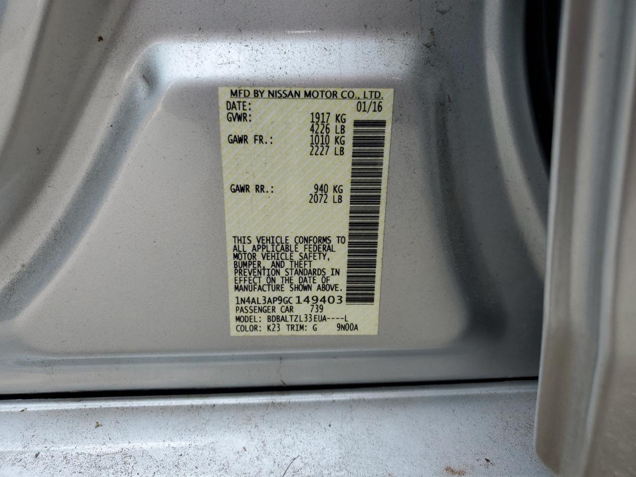 1N4AL3AP9GC149403 NISSAN ALTIMA 2016