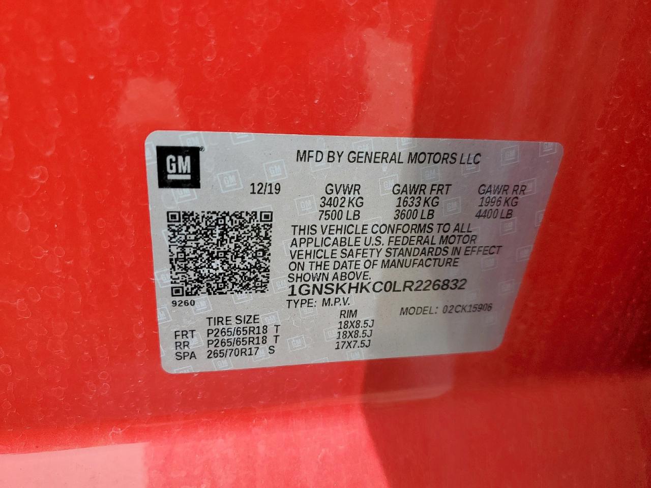 2020 Chevrolet Suburban K1500 Lt VIN: 1GNSKHKC0LR226832 Lot: 63067075