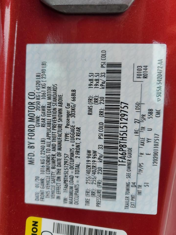 2020 Ford Mustang VIN: 1FA6P8TH5L5129757 Lot: 62587375