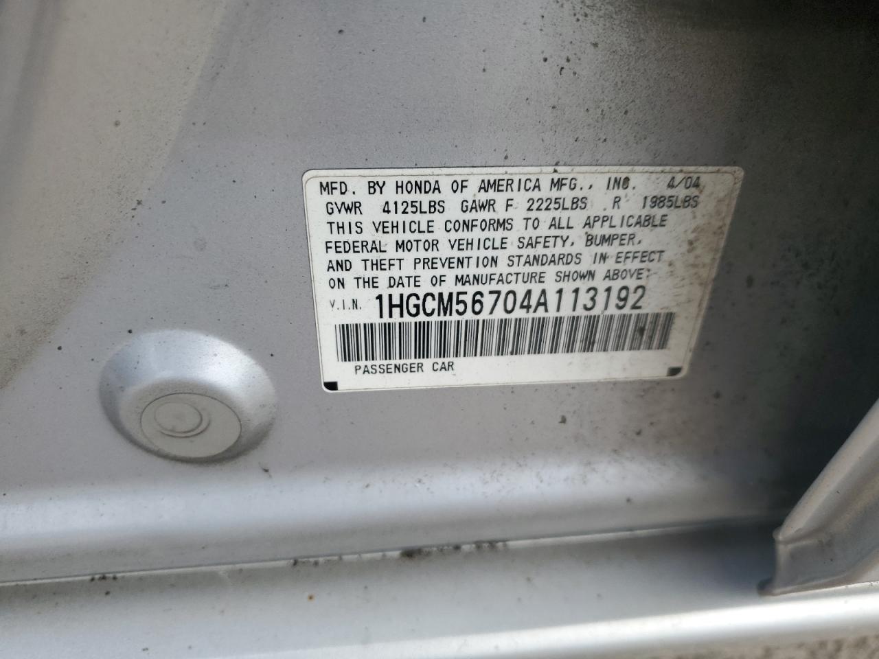 2004 Honda Accord Ex VIN: 1HGCM56704A113192 Lot: 61740915