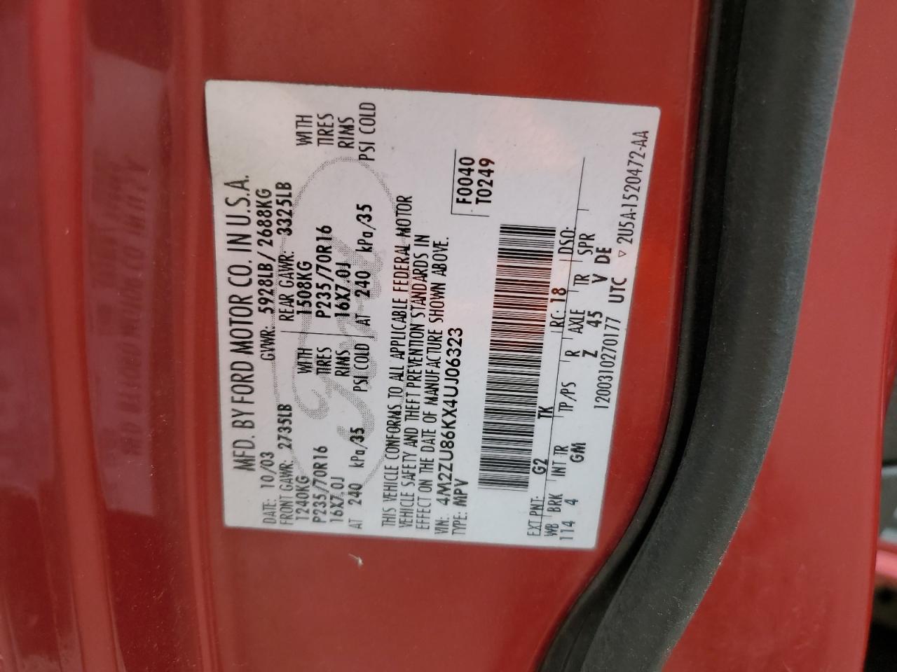 2004 Mercury Mountaineer VIN: 4M2ZU86KX4UJ06323 Lot: 61662835