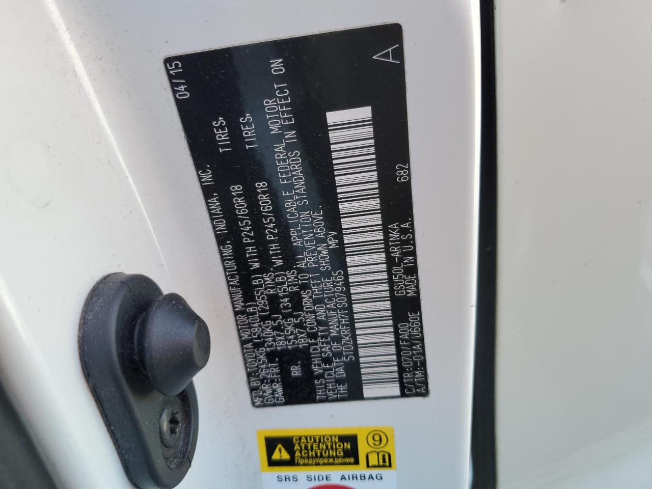 2015 Toyota Highlander Le VIN: 5TDZKRFH7FS079465 Lot: 62840395