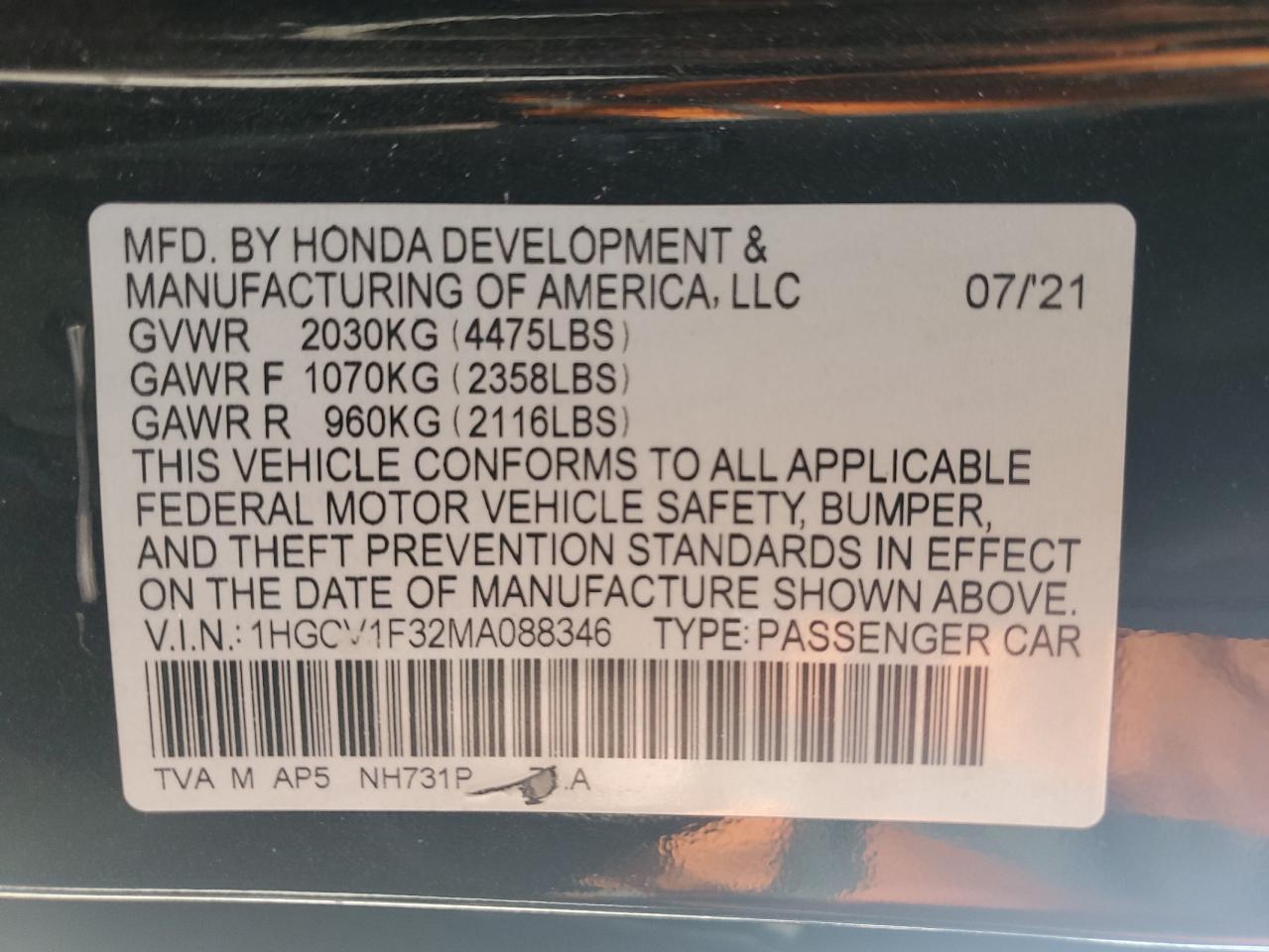 2021 Honda Accord Sport VIN: 1HGCV1F32MA088346 Lot: 60166275