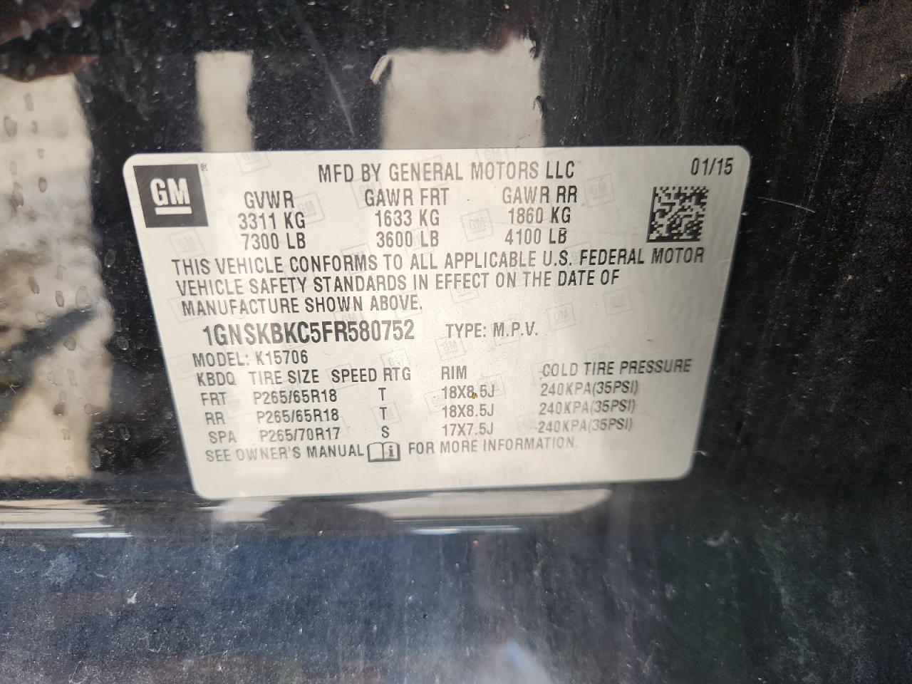 2015 Chevrolet Tahoe K1500 Lt VIN: 1GNSKBKC5FR580752 Lot: 62751665