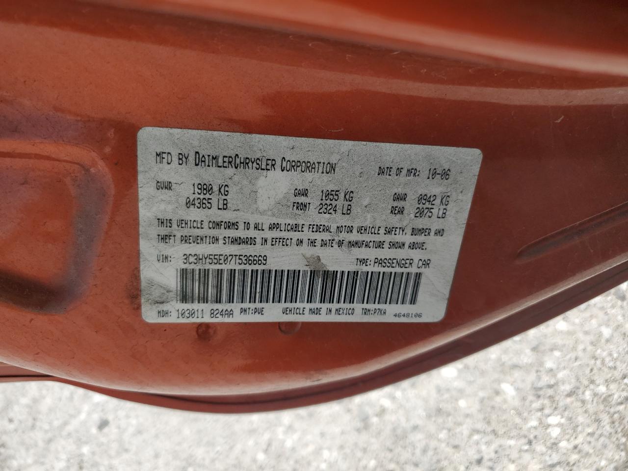 2007 Chrysler Pt Cruiser Touring VIN: 3C3HY55E07T536669 Lot: 62394655