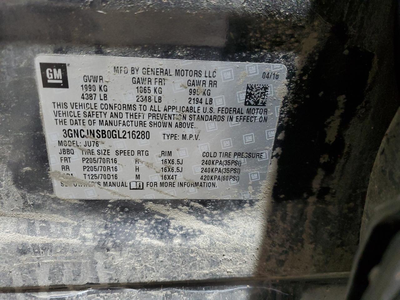 2016 Chevrolet Trax Ls VIN: 3GNCJNSB0GL216280 Lot: 60274245