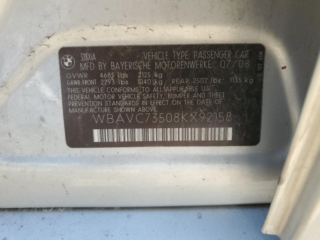2008 BMW 328 Xi Sulev VIN: WBAVC73508KX92158 Lot: 61640585