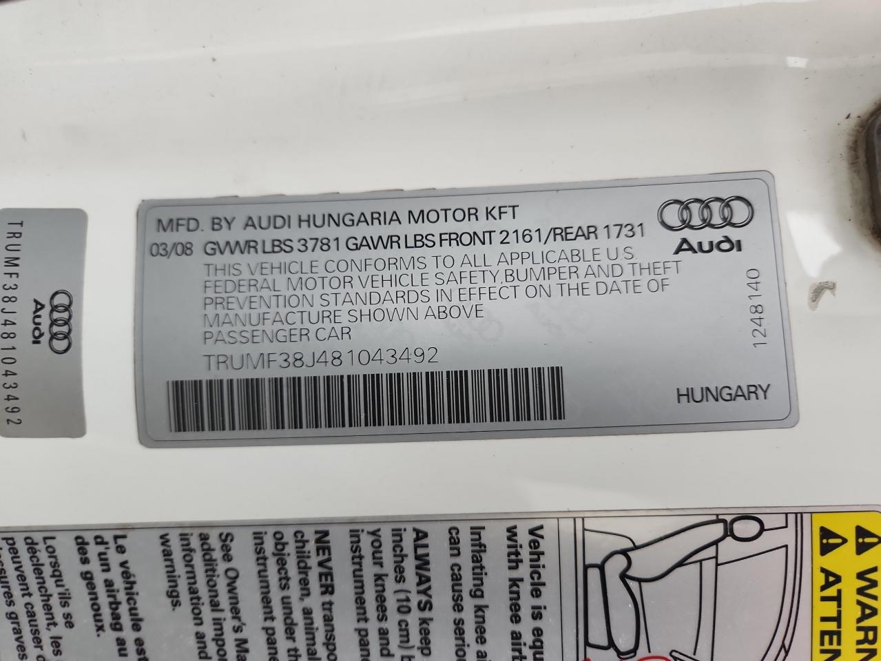 2008 Audi Tt 2.0T VIN: TRUMF38J481043492 Lot: 60545755