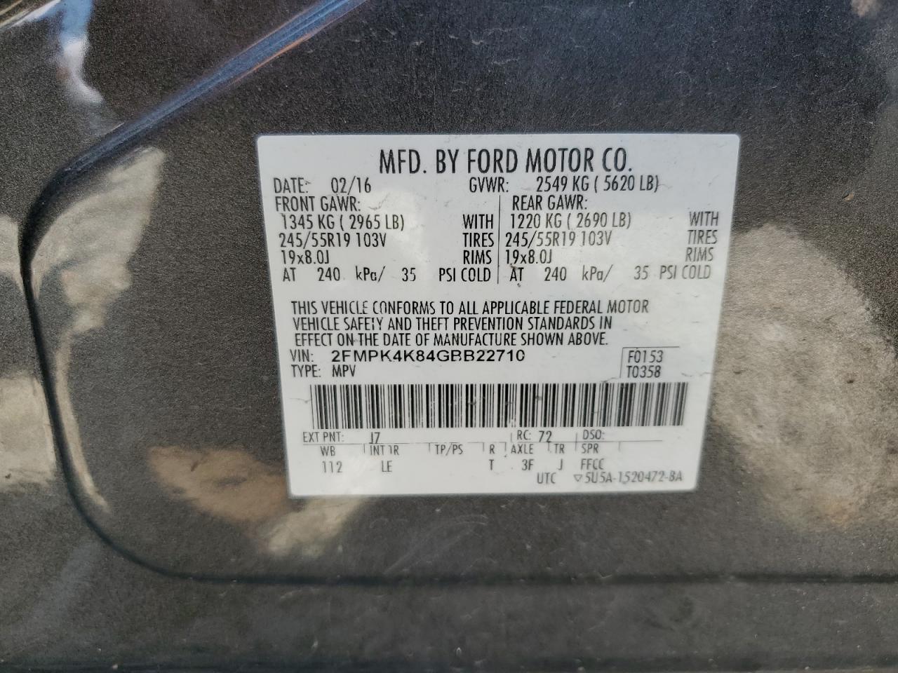 2016 Ford Edge Titanium VIN: 2FMPK4K84GBB22710 Lot: 60464465