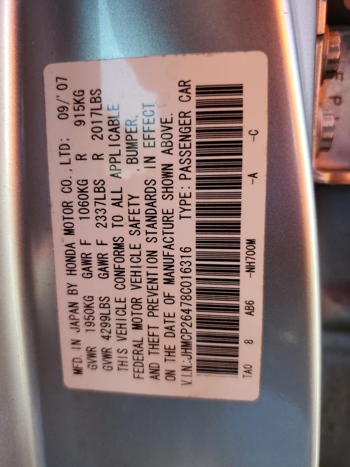 2008 Honda Accord Lxp VIN: JHMCP26478C016316 Lot: 61465665