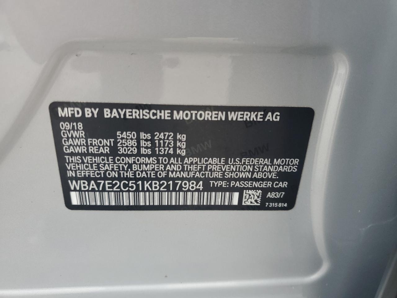 2019 BMW 740 I VIN: WBA7E2C51KB217984 Lot: 61436685