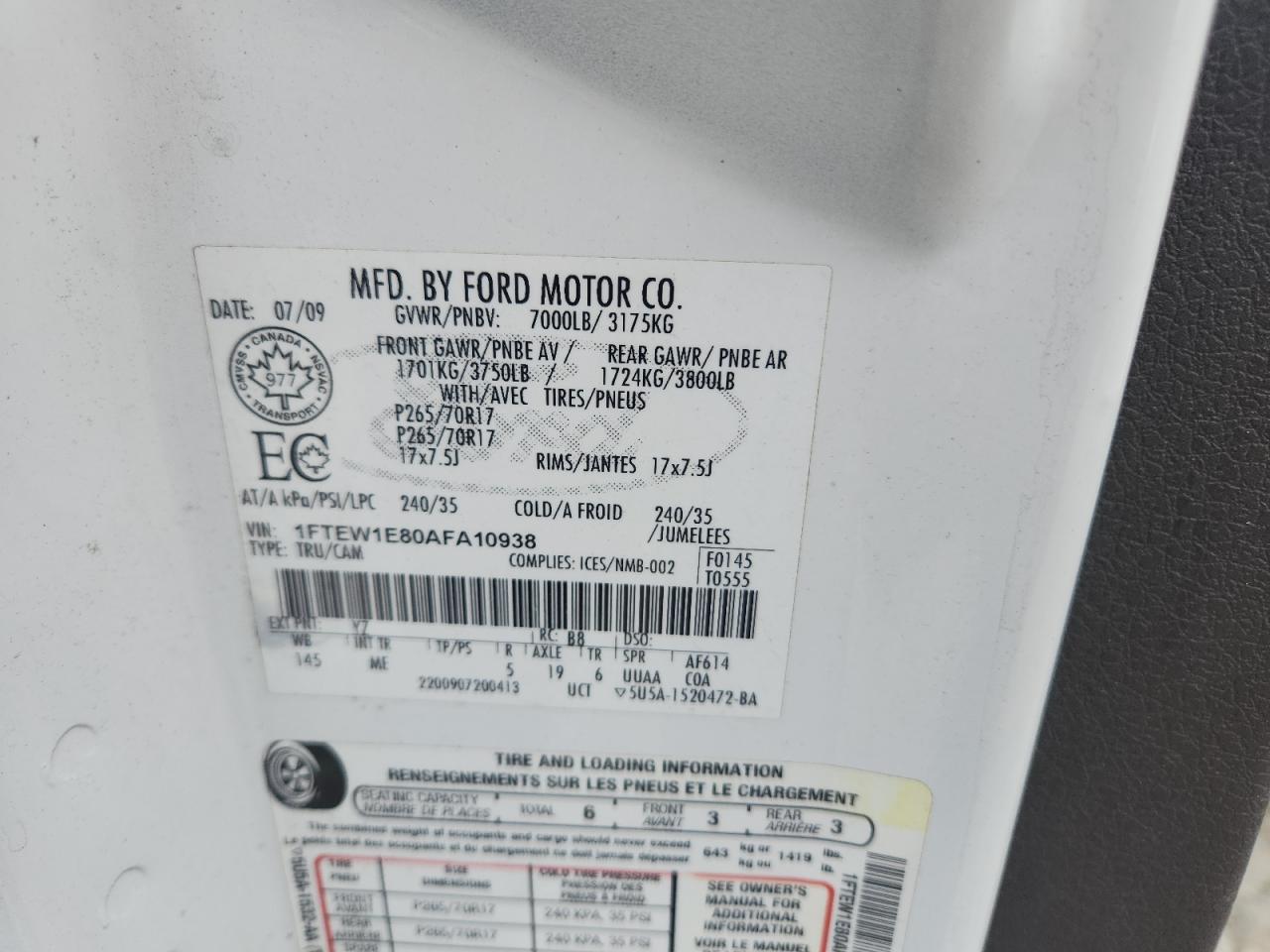 2010 Ford F150 Supercrew VIN: 1FTEW1E80AFA10938 Lot: 62770355