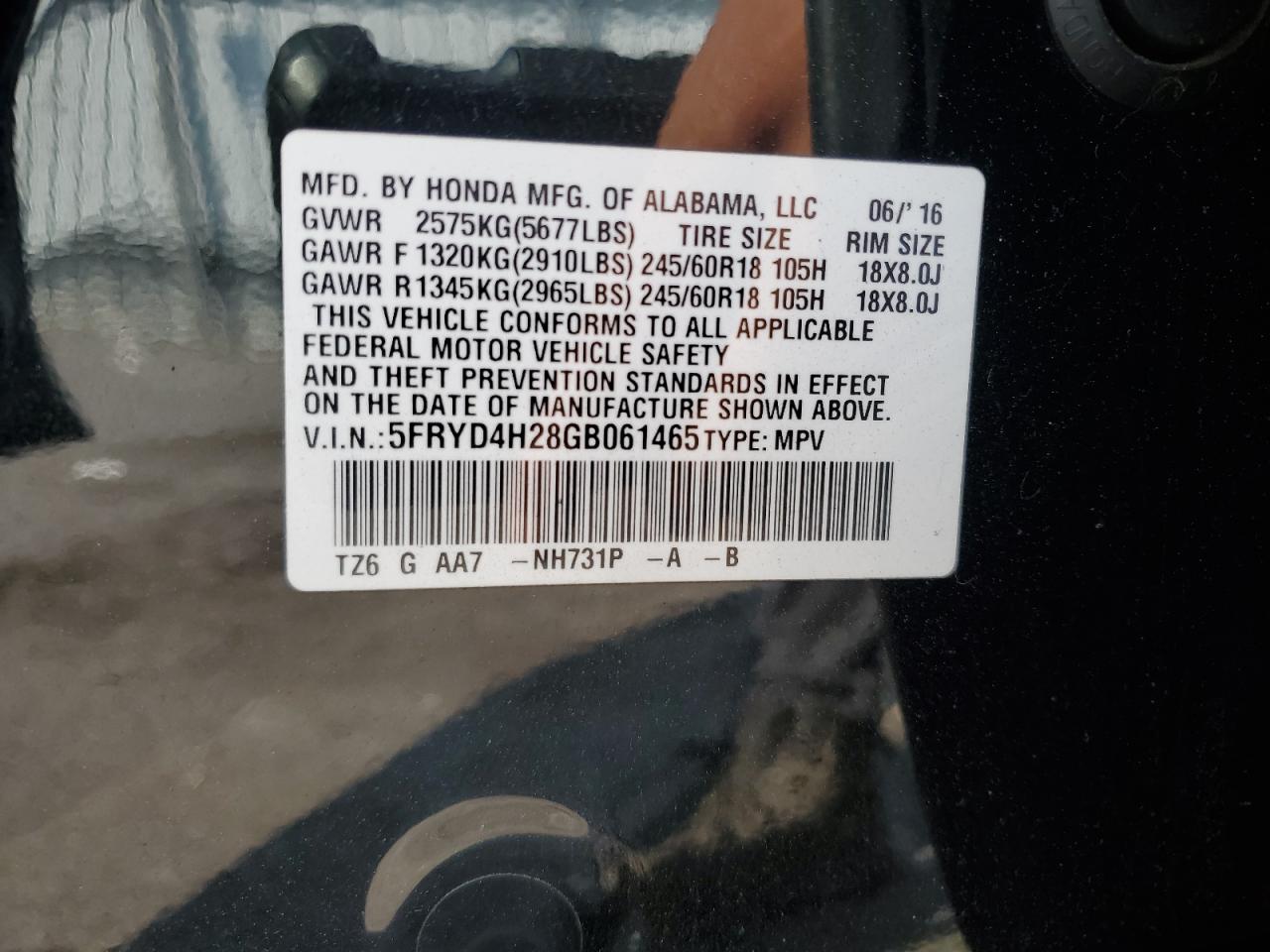 2016 Acura Mdx VIN: 5FRYD4H28GB061465 Lot: 62294965