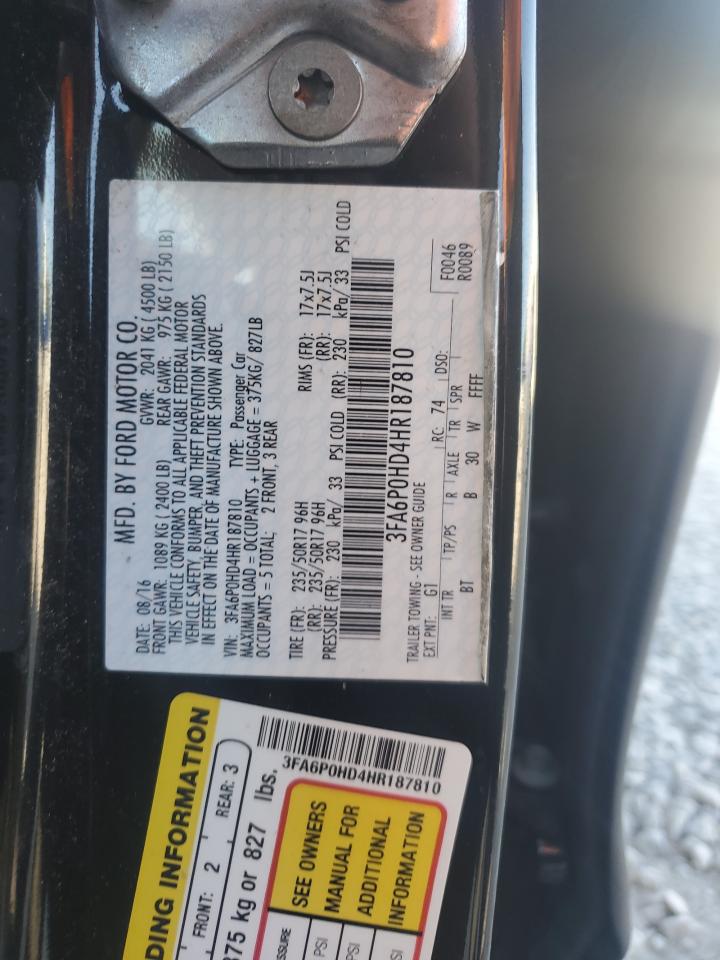 2017 Ford Fusion Se VIN: 3FA6P0HD4HR187810 Lot: 62386065