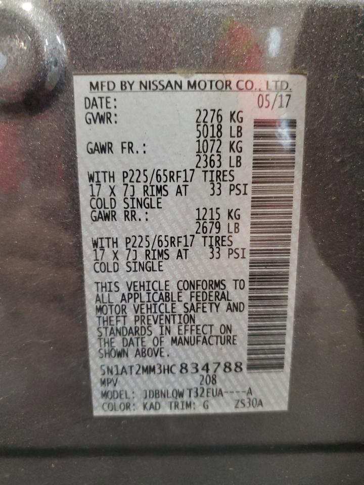 2017 Nissan Rogue S VIN: 5N1AT2MM3HC834788 Lot: 62075575