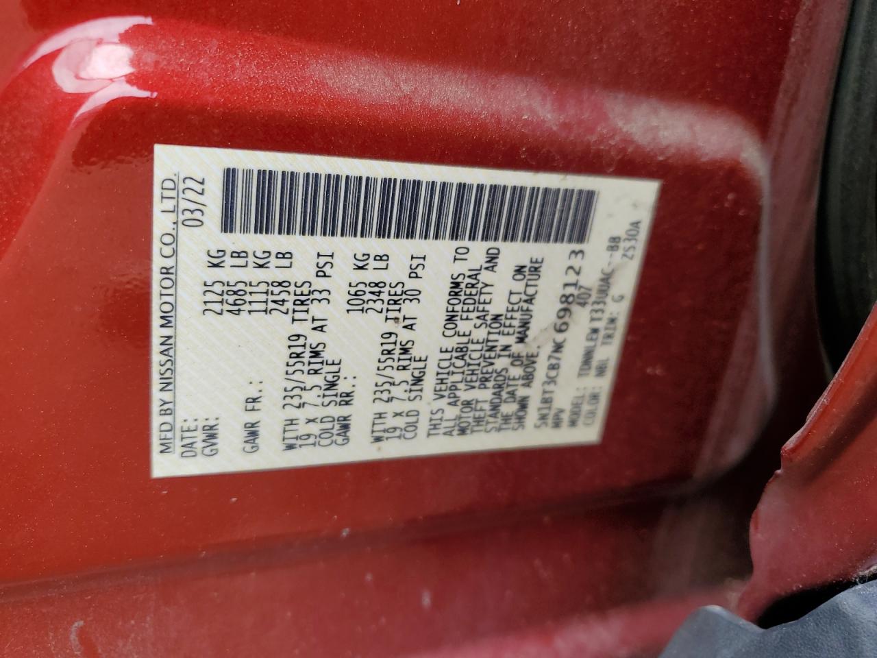 2022 Nissan Rogue Sl VIN: 5N1BT3CB7NC698123 Lot: 60969585