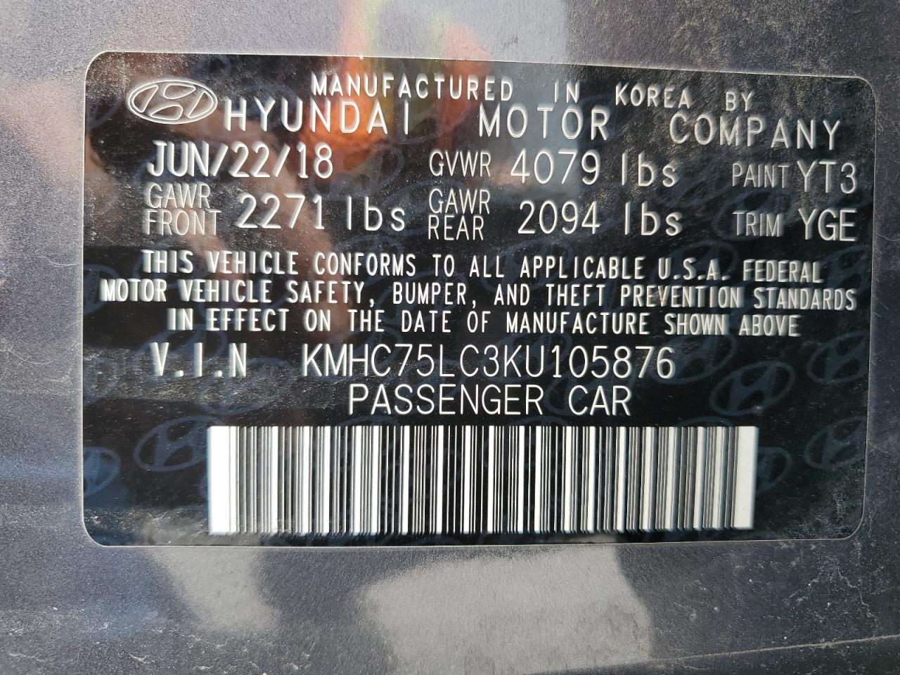 2019 Hyundai Ioniq Sel VIN: KMHC75LC3KU105876 Lot: 60695925
