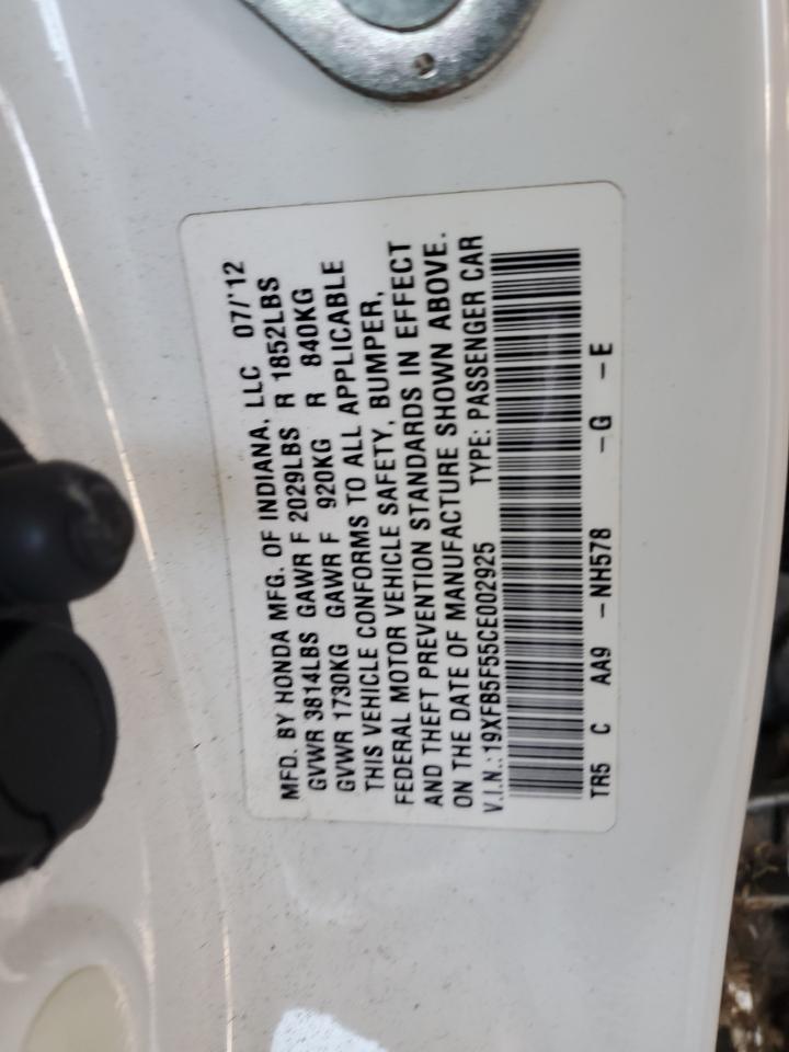 2012 Honda Civic Natural Gas VIN: 19XFB5F55CE002925 Lot: 60576735