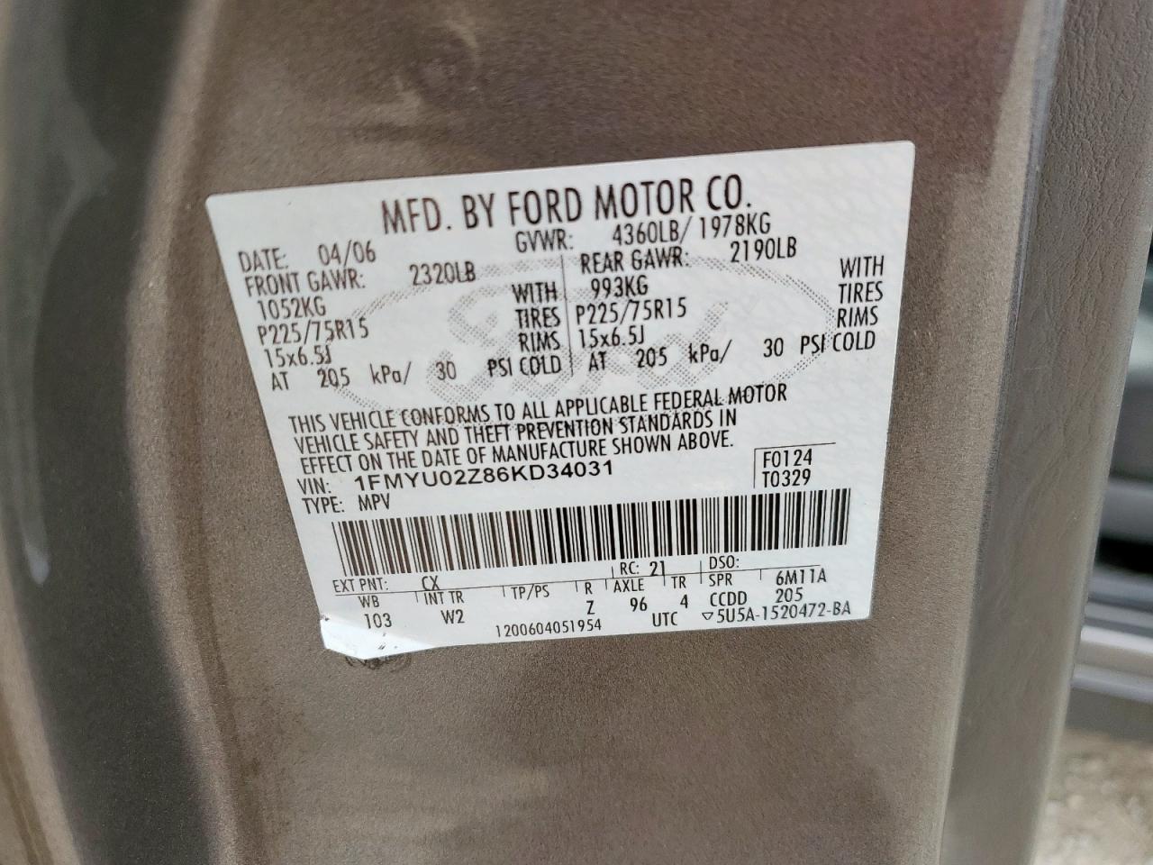 2006 Ford Escape Xls VIN: 1FMYU02Z86KD34031 Lot: 59879275