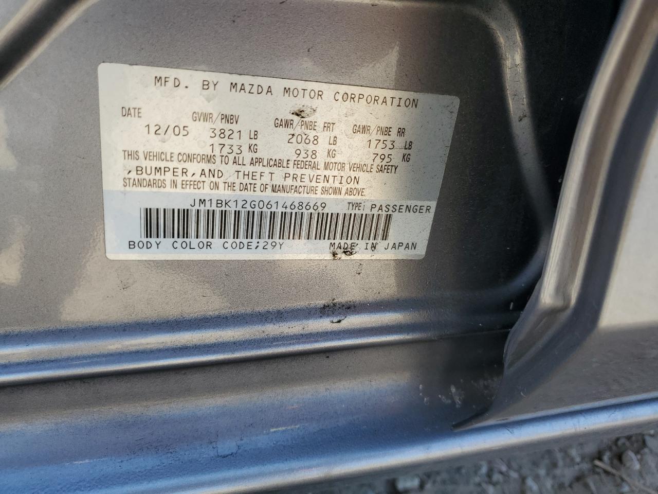 2006 Mazda 3 I VIN: JM1BK12G061468669 Lot: 63051135