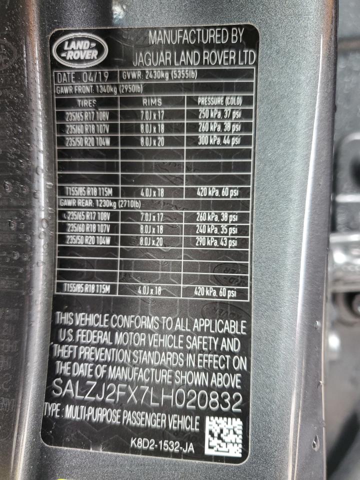 2020 Land Rover Range Rover Evoque S VIN: SALZJ2FX7LH020832 Lot: 59372165