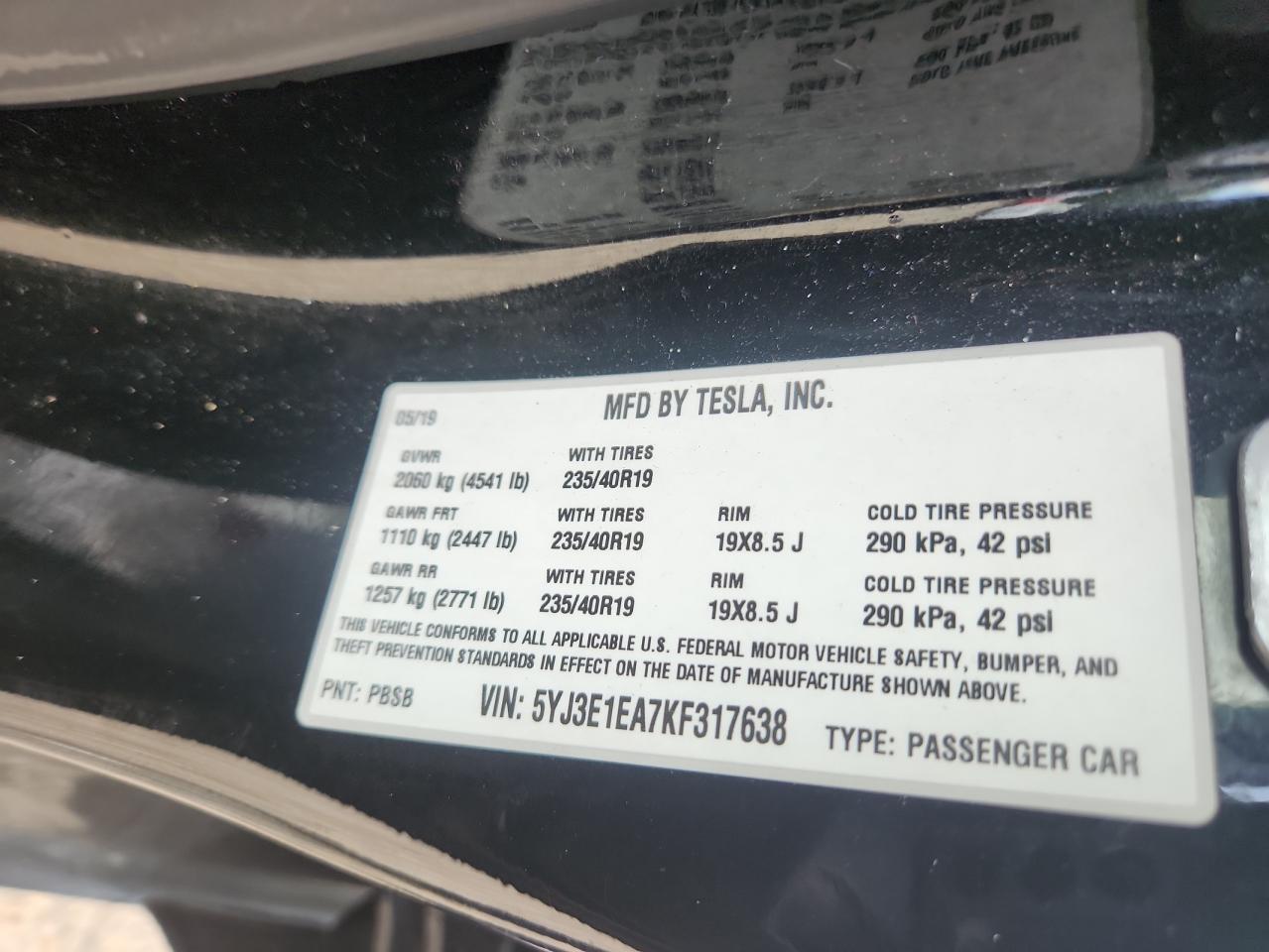 2019 Tesla Model 3 VIN: 5YJ3E1EA7KF317638 Lot: 63086215