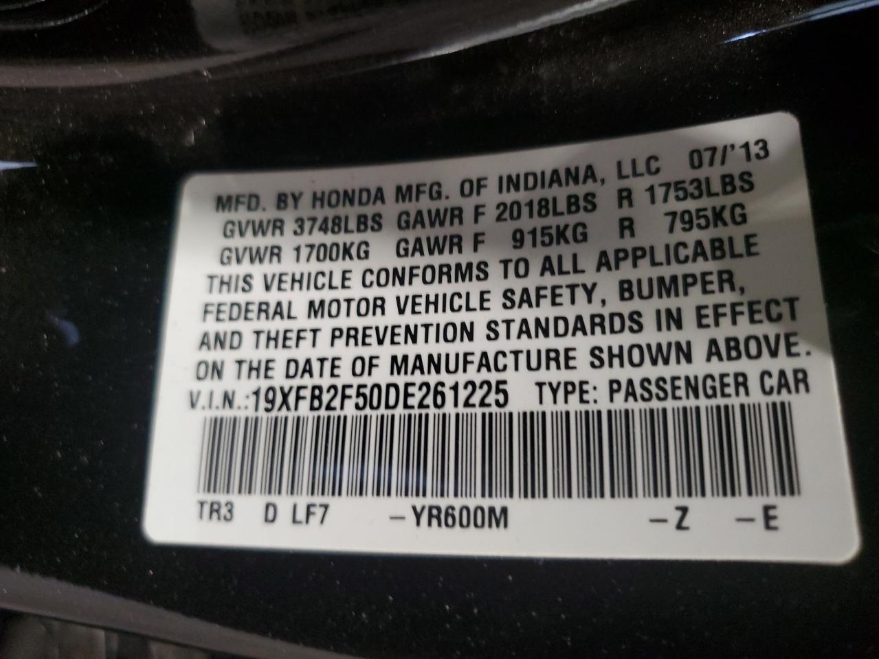 2013 Honda Civic Lx VIN: 19XFB2F50DE261225 Lot: 62647765