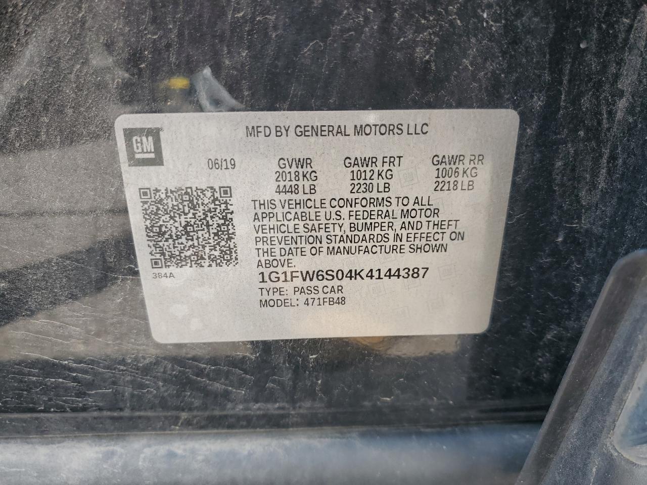 2019 Chevrolet Bolt Ev Lt VIN: 1G1FW6S04K4144387 Lot: 62352105
