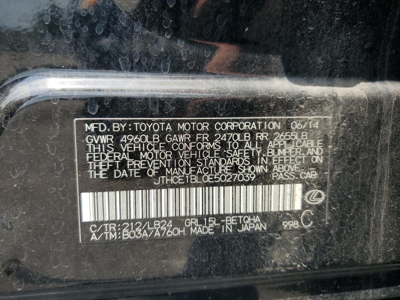 2014 Lexus Gs 350 VIN: JTHCE1BL0E5027039 Lot: 62585395