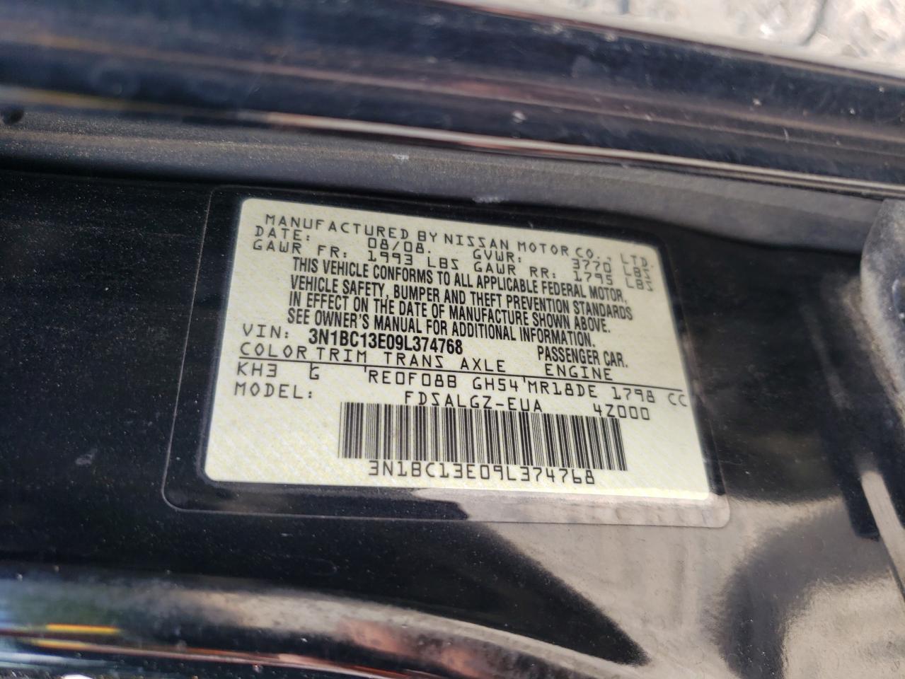 2009 Nissan Versa S VIN: 3N1BC13E09L374768 Lot: 62885875