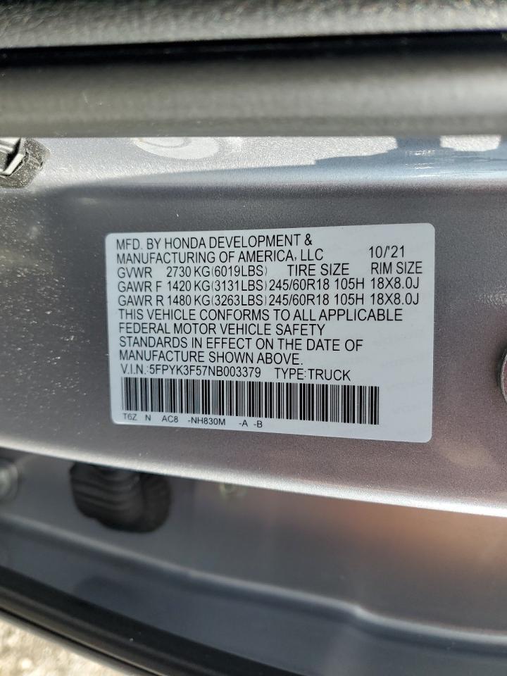 2022 Honda Ridgeline Rtl VIN: 5FPYK3F57NB003379 Lot: 62636255