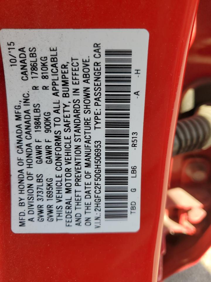 2HGFC2F50GH506953 HONDA CIVIC 2016