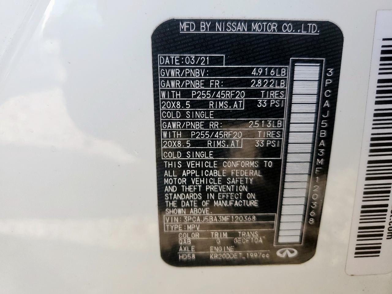 2021 Infiniti Qx50 Luxe VIN: 3PCAJ5BA3MF120368 Lot: 59479235