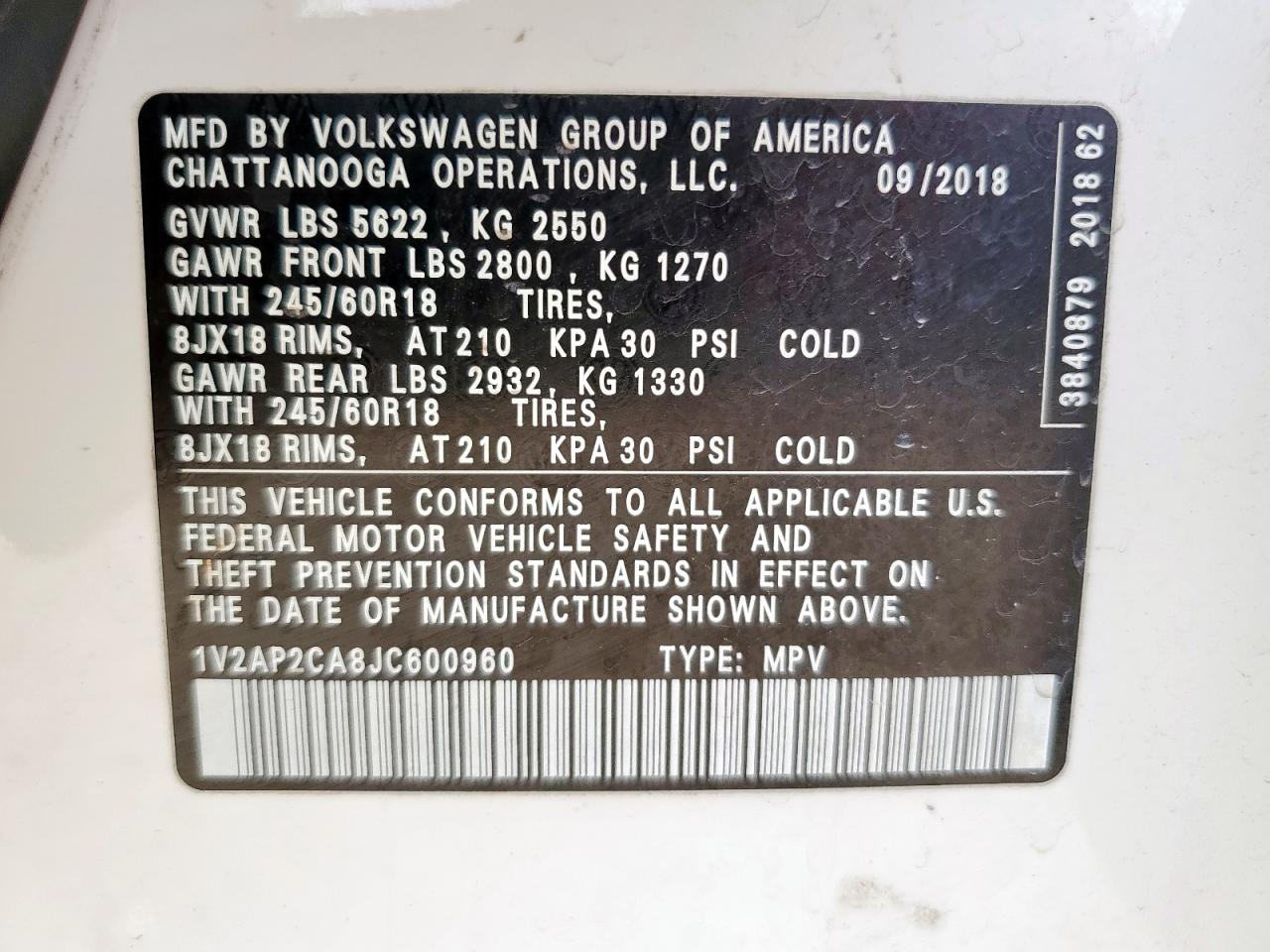 2018 Volkswagen Atlas S VIN: 1V2AP2CA8JC600960 Lot: 61817605