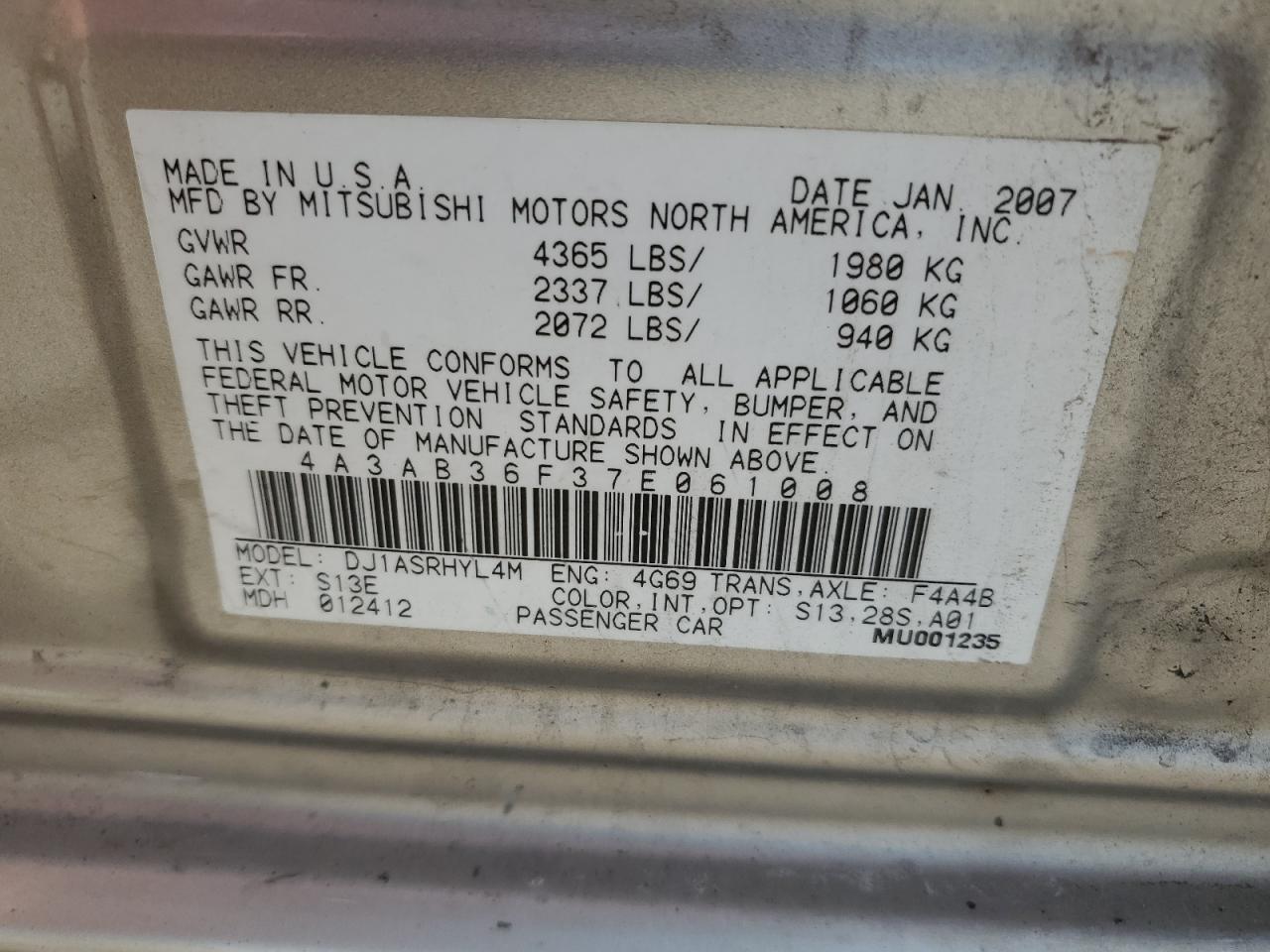 2007 Mitsubishi Galant Es VIN: 4A3AB36F37E061008 Lot: 60881065