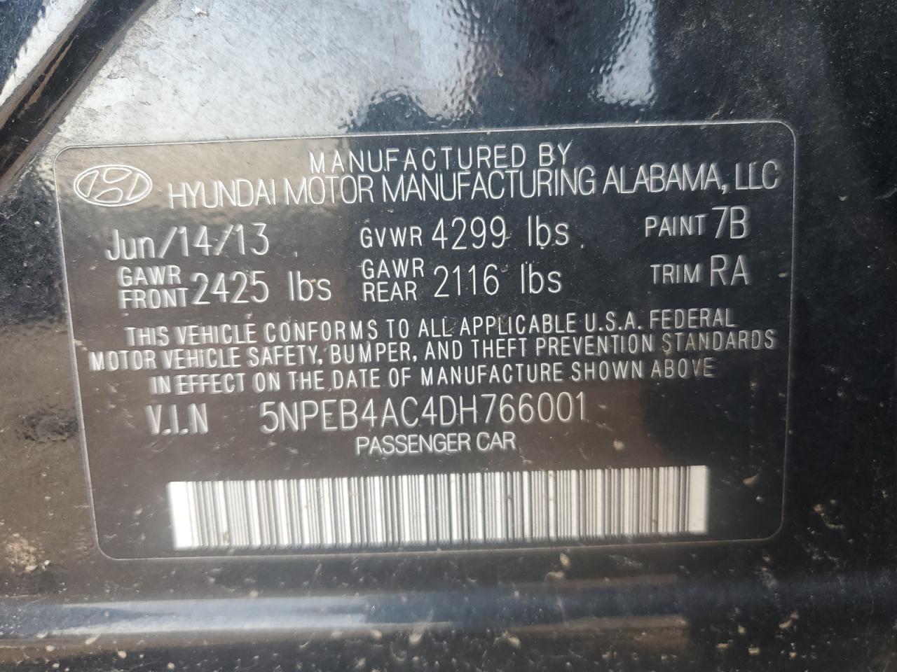 HYUNDAI SONATA 2013 VIN 5NPEB4AC4DH766001 zdjęcie 13
