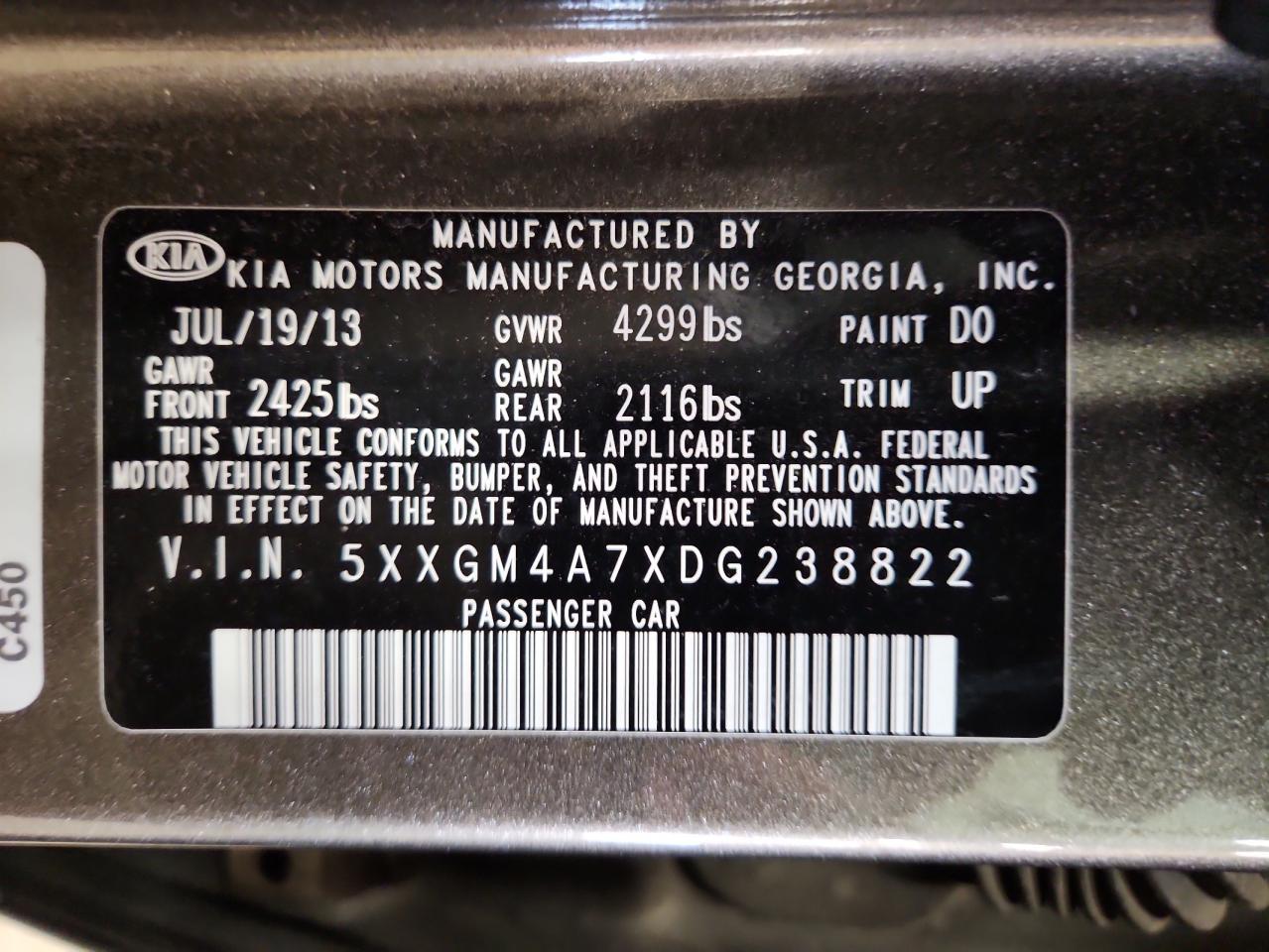 2013 Kia Optima Lx VIN: 5XXGM4A7XDG238822 Lot: 58998535