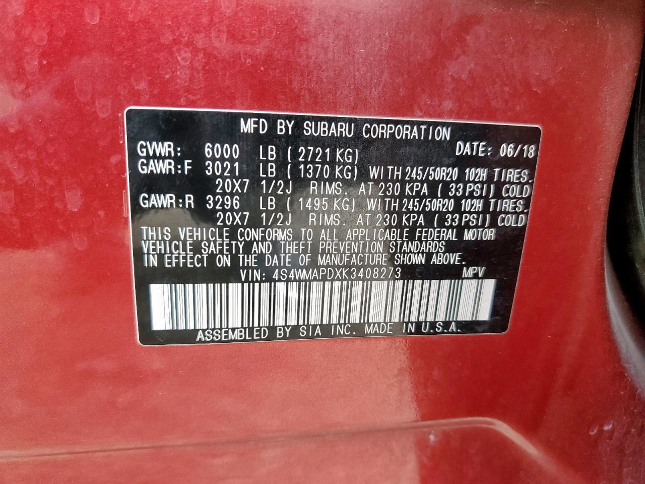 2019 Subaru Ascent Limited VIN: 4S4WMAPDXK3408273 Lot: 61796815