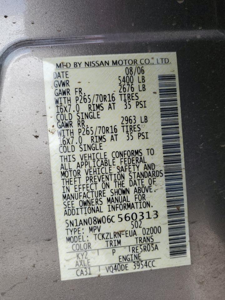 2006 Nissan Xterra Off Road VIN: 5N1AN08W06C560313 Lot: 59157455