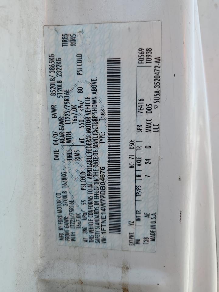2007 Ford Econoline E150 Van VIN: 1FTNE14W77DB04676 Lot: 62329865