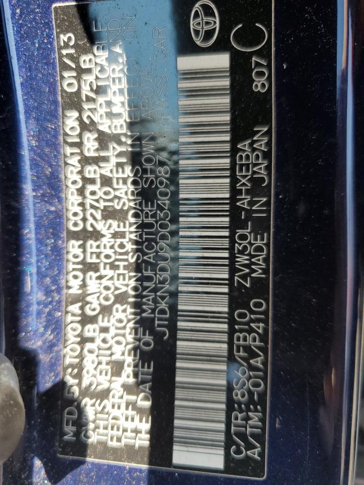 2013 Toyota Prius VIN: JTDKN3DU9D0340987 Lot: 62429915