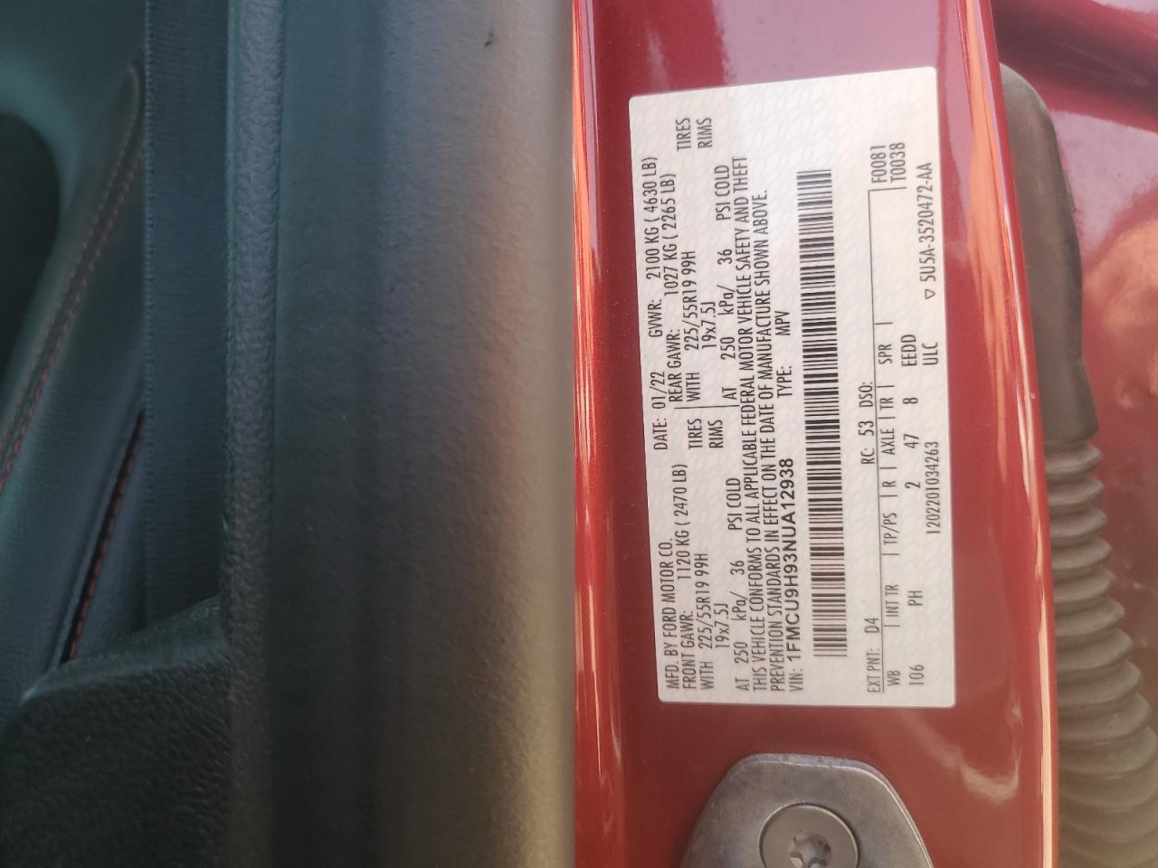 2022 Ford Escape Sel VIN: 1FMCU9H93NUA12938 Lot: 61626915