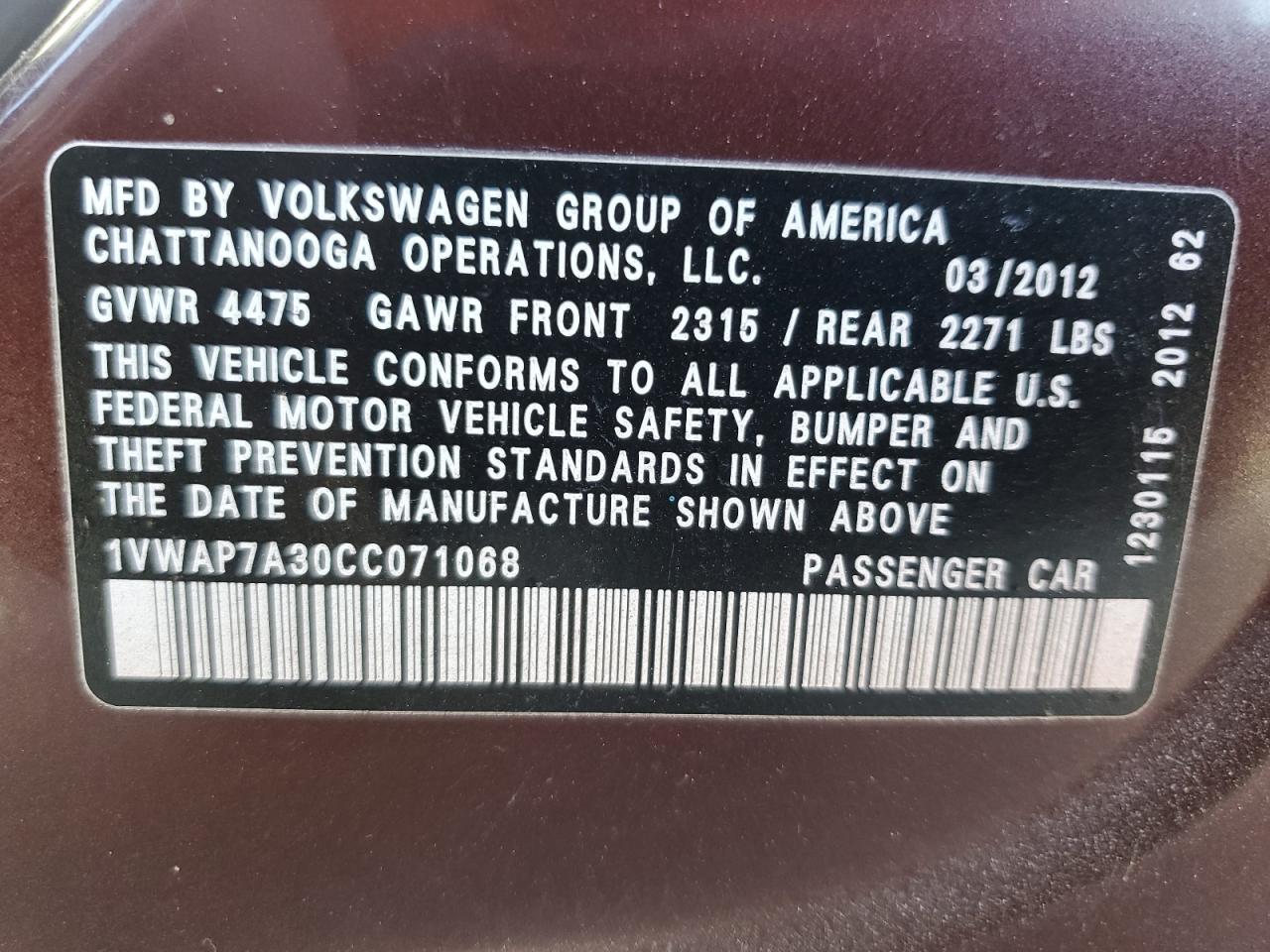 2012 Volkswagen Passat S VIN: 1VWAP7A30CC071068 Lot: 62884925