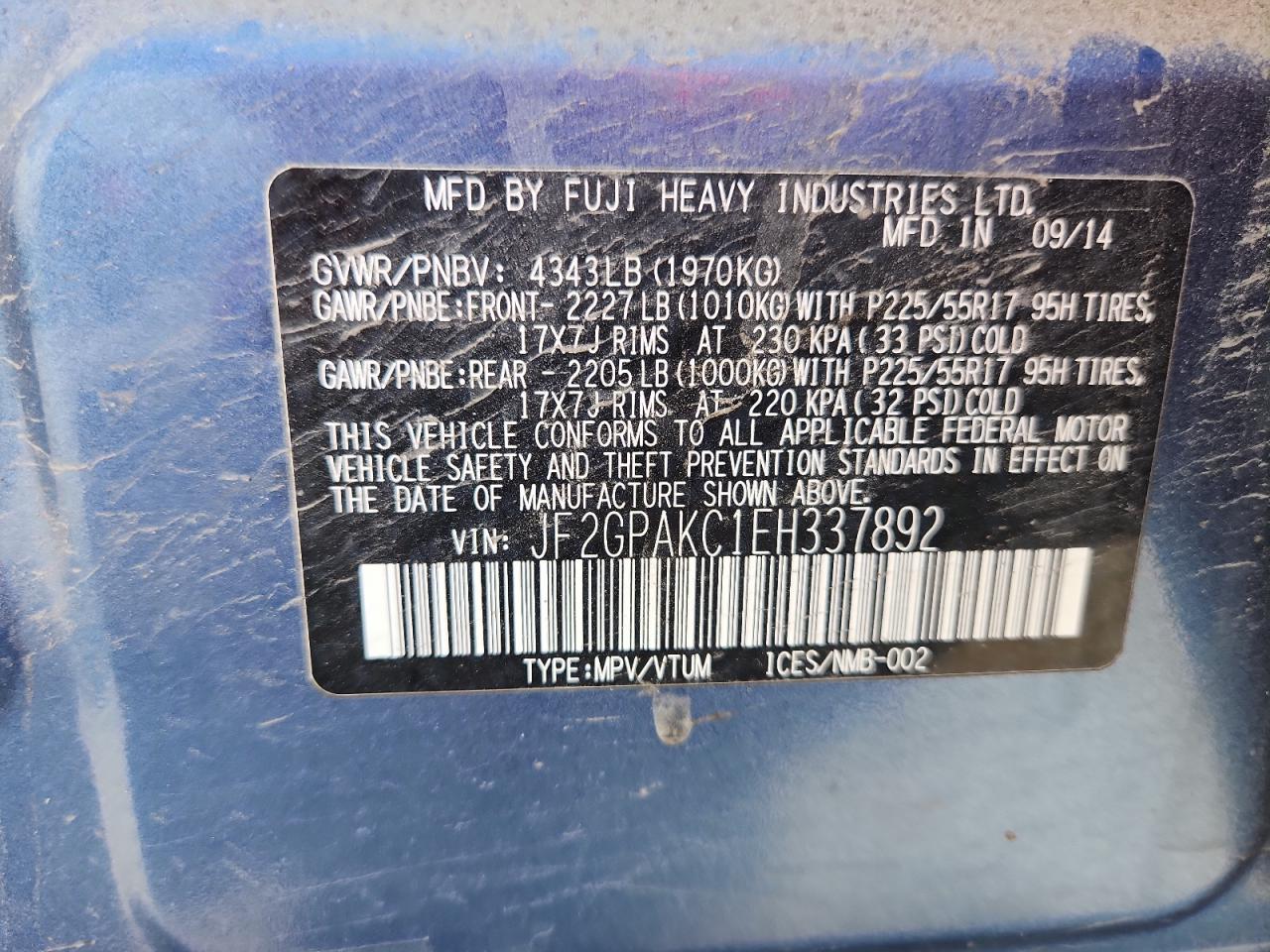 2014 Subaru Xv Crosstrek 2.0 Limited VIN: JF2GPAKC1EH337892 Lot: 61443385