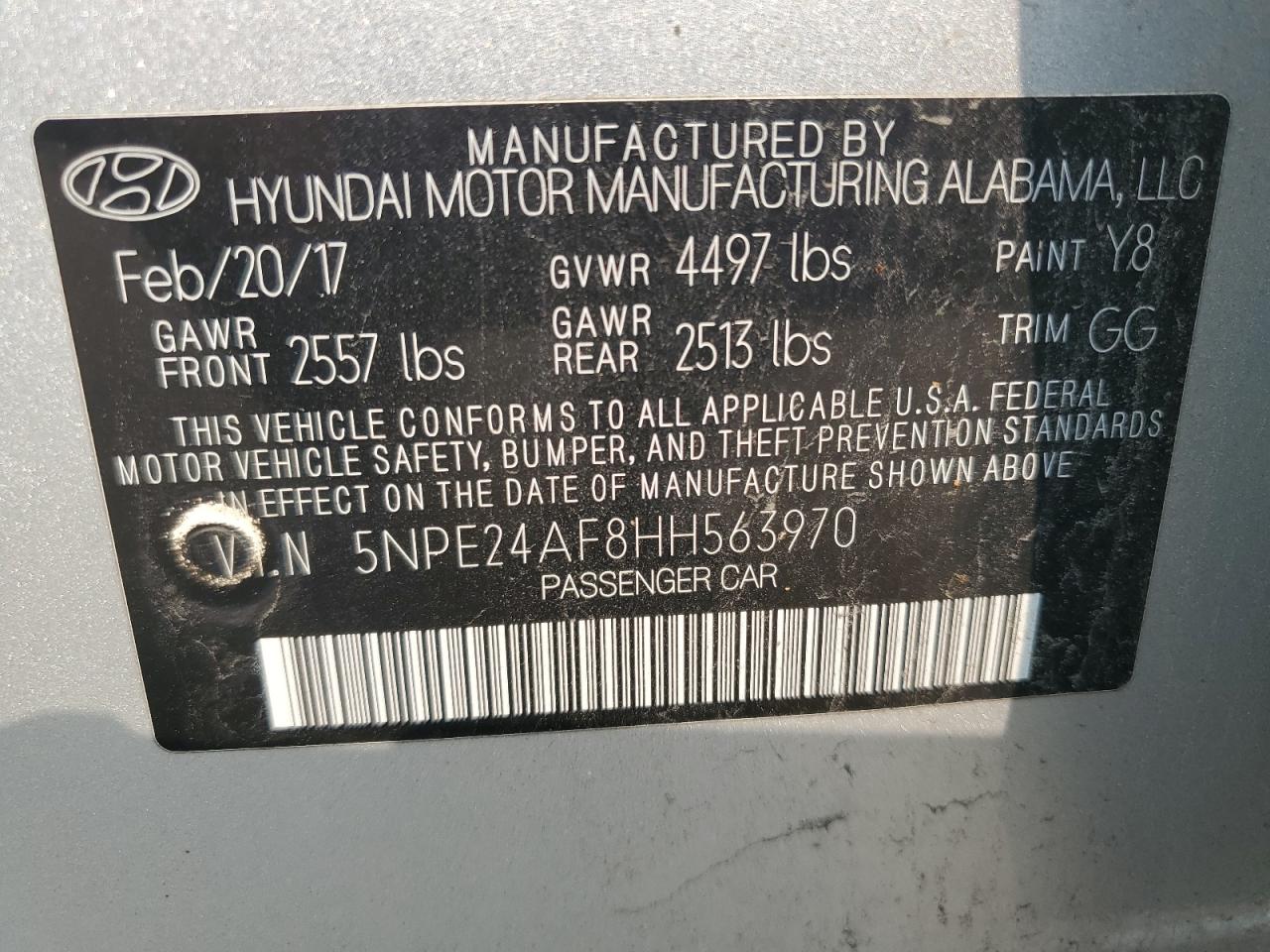 5NPE24AF8HH563970 HYUNDAI SONATA 2017