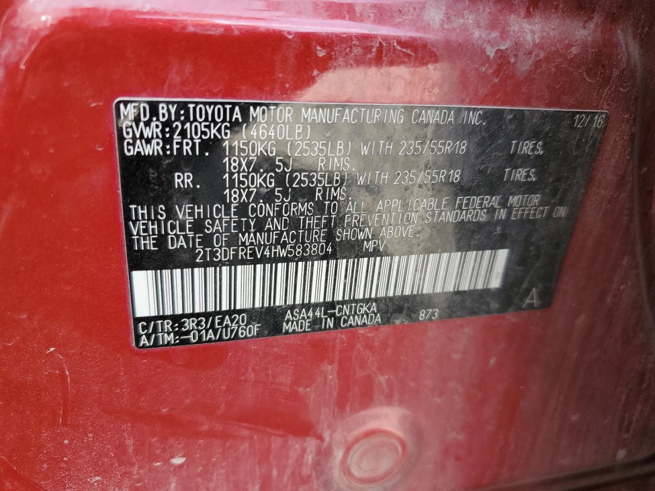 2017 Toyota Rav4 Limited VIN: 2T3DFREV4HW583804 Lot: 60175305