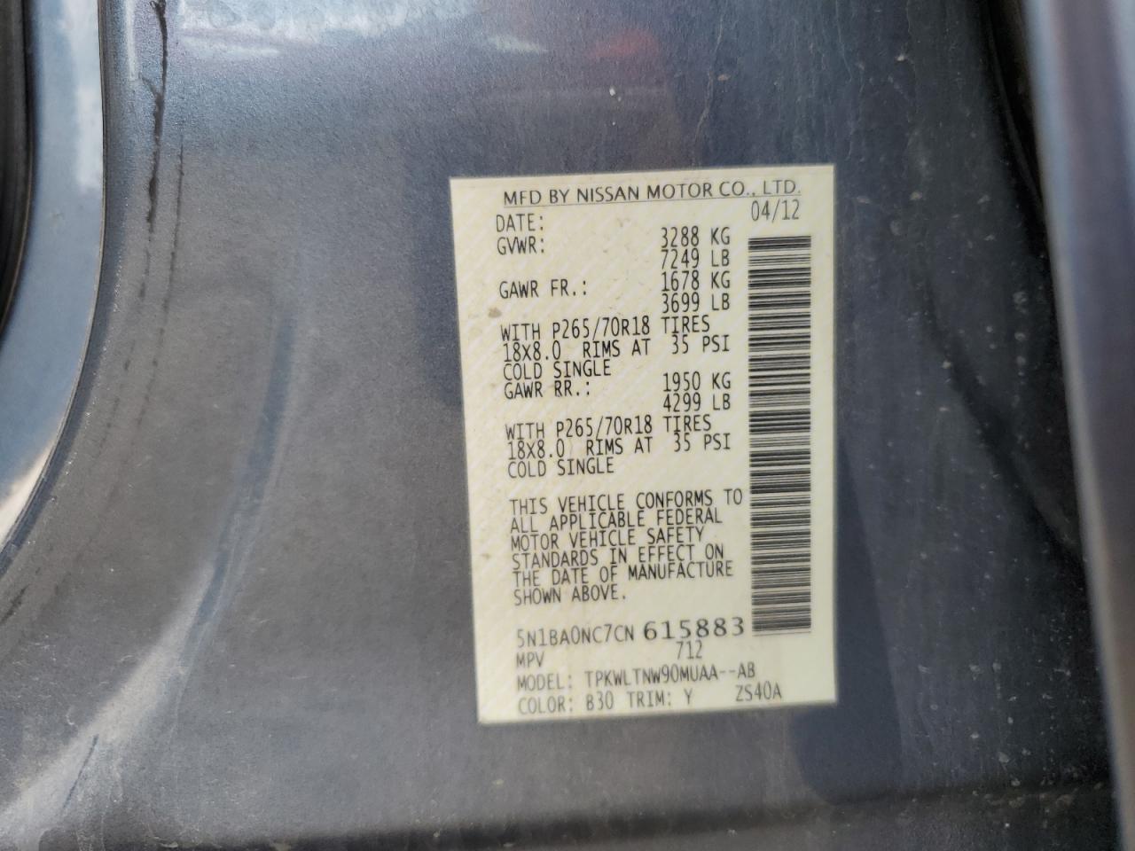 2012 Nissan Armada Sv VIN: 5N1BA0NC7CN615883 Lot: 61253895