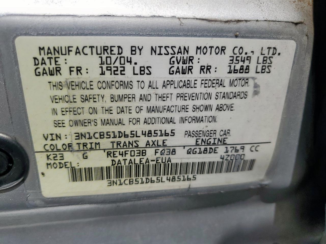 2005 Nissan Sentra 1.8 VIN: 3N1CB51D65L485165 Lot: 61251155
